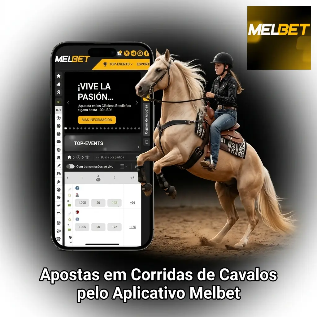 Aplicativo Melbet aberto em smartphone exibindo apostas em corridas de cavalos com odds ao vivo