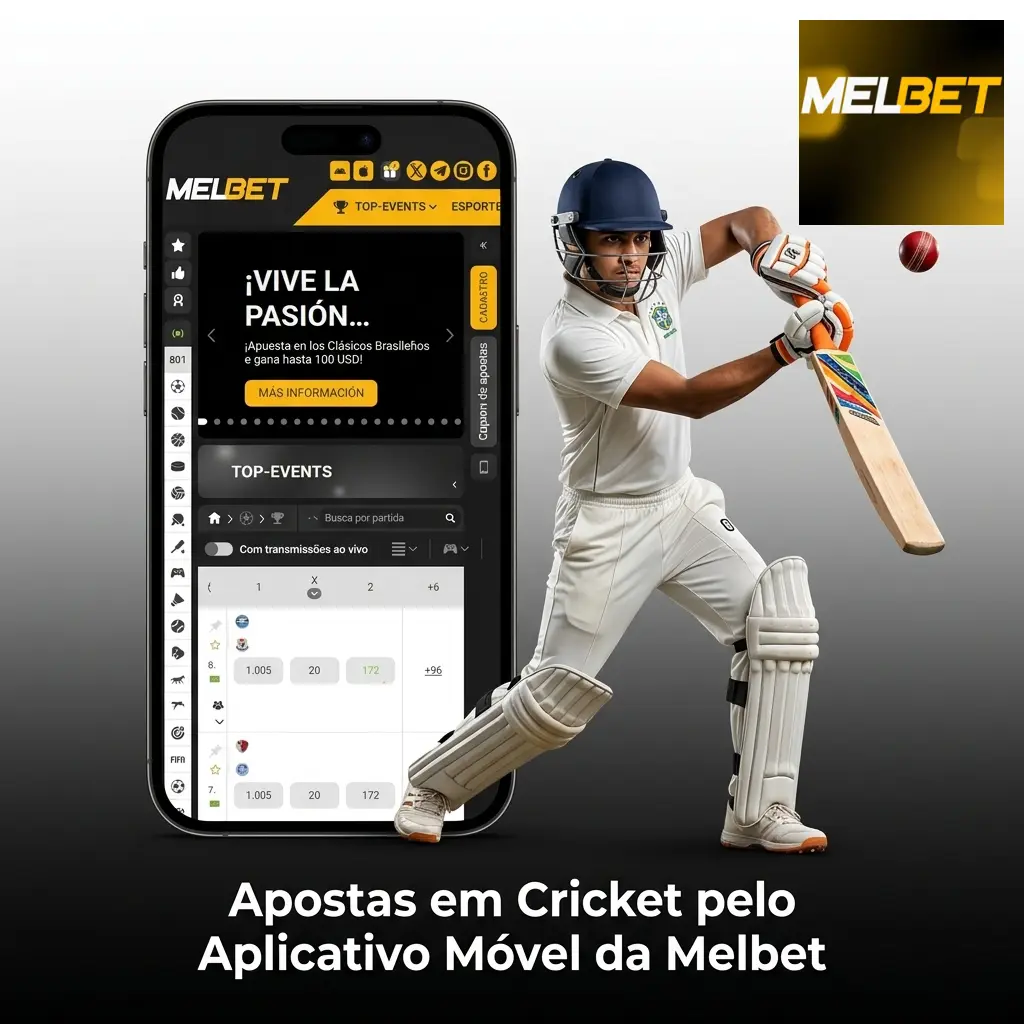 Aplicativo Melbet aberto no smartphone mostrando seção de apostas em cricket com odds ao vivo