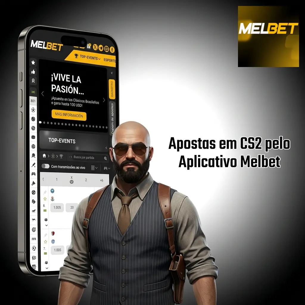 Aplicativo Melbet aberto no celular com apostas ao vivo em CS2 disponíveis na tela