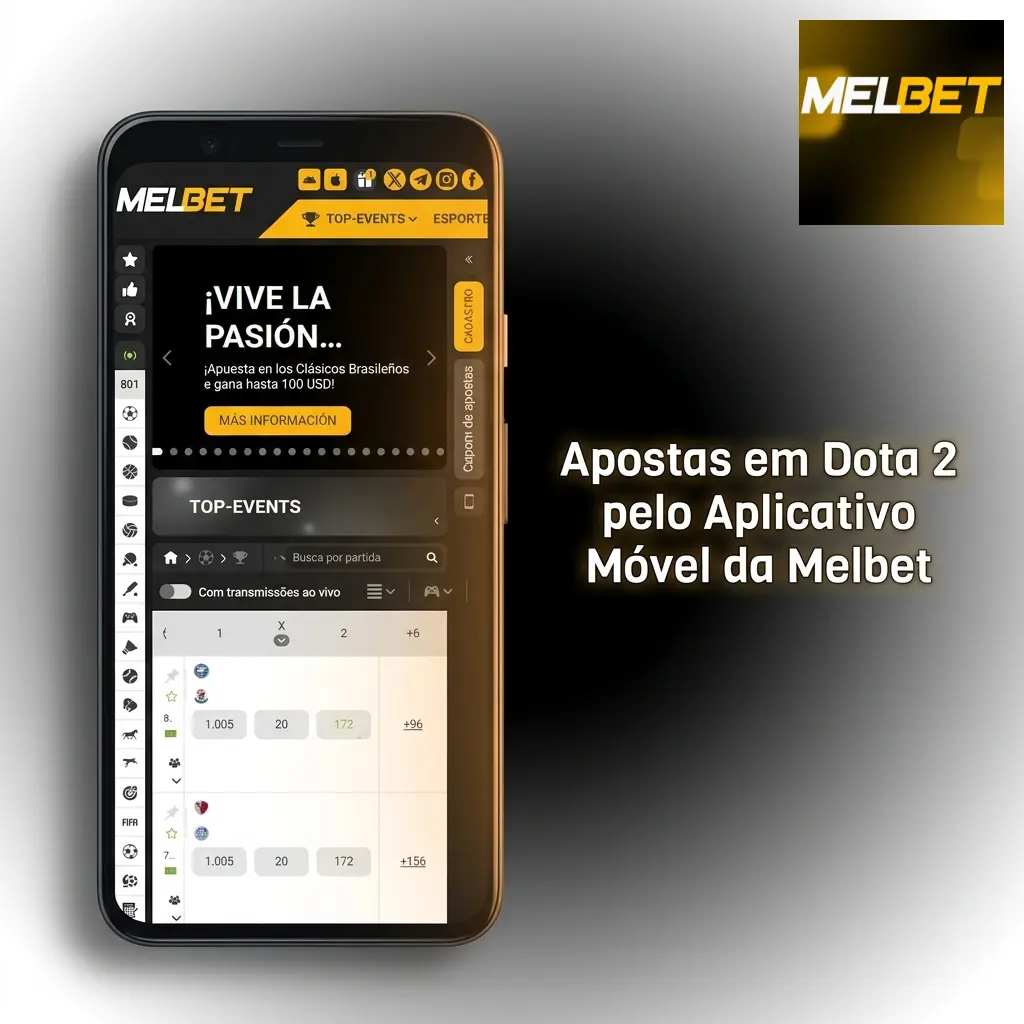 Aplicativo Melbet aberto com mercados de apostas em Dota 2, mostrando partidas ao vivo e navegação rápida