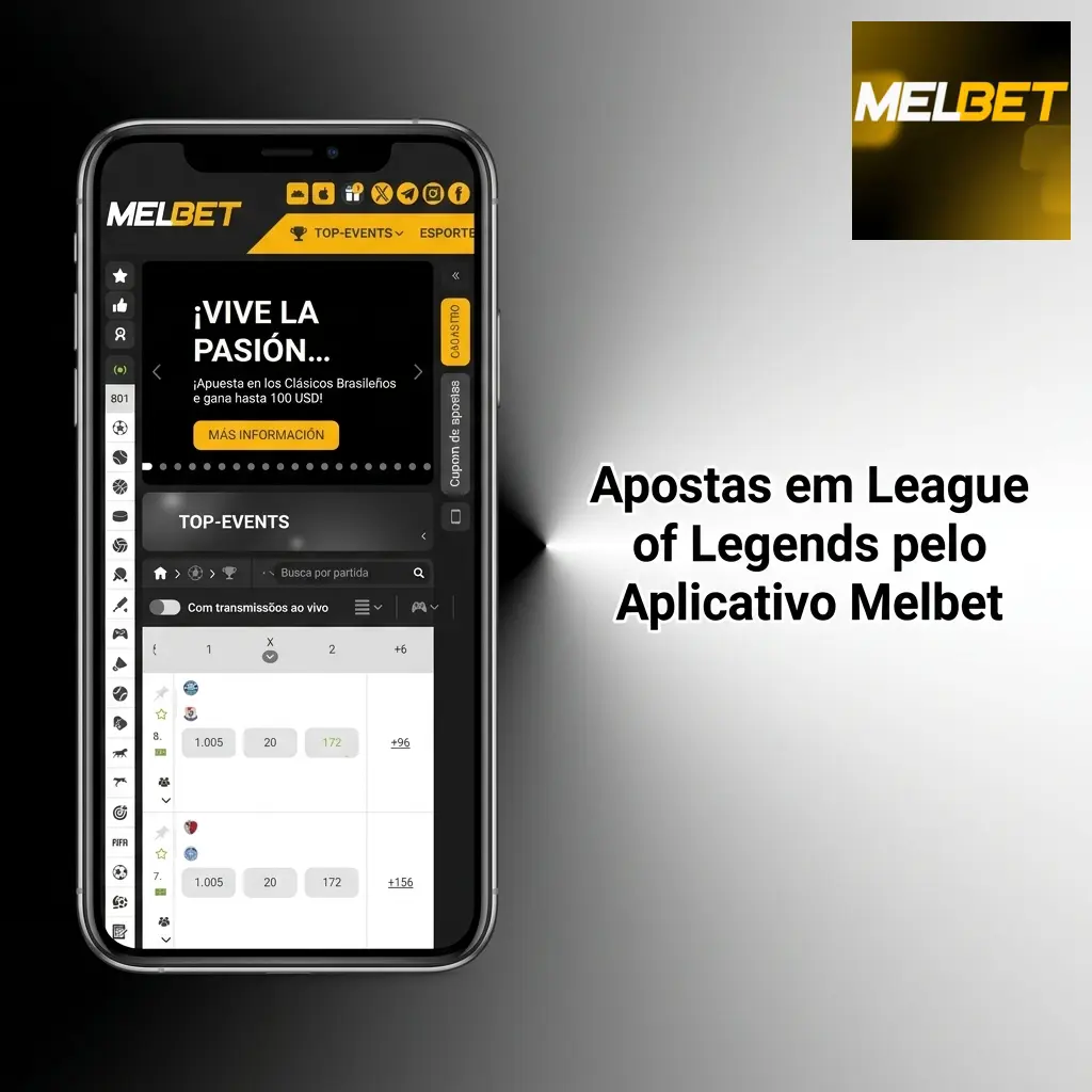 Aplicativo Melbet aberto em smartphone mostrando apostas em League of Legends com odds ao vivo