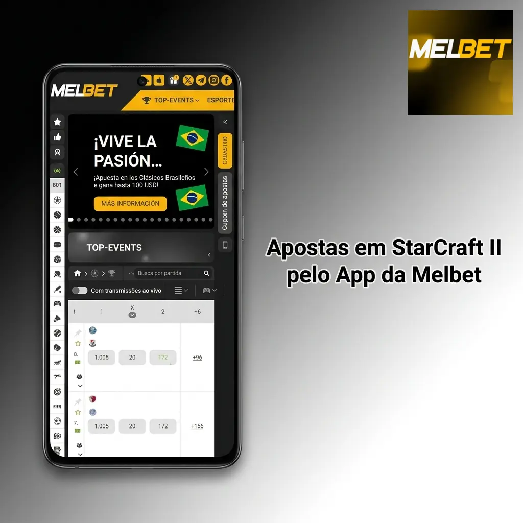 Aplicativo Melbet aberto na seção de esports com apostas em StarCraft II disponíveis para Android e iOS